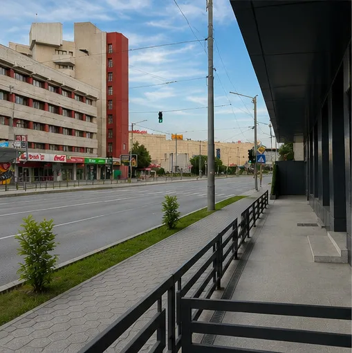 Trotuarul din fața clădirii și vecinătatea imediată, în zona campusului studențesc
