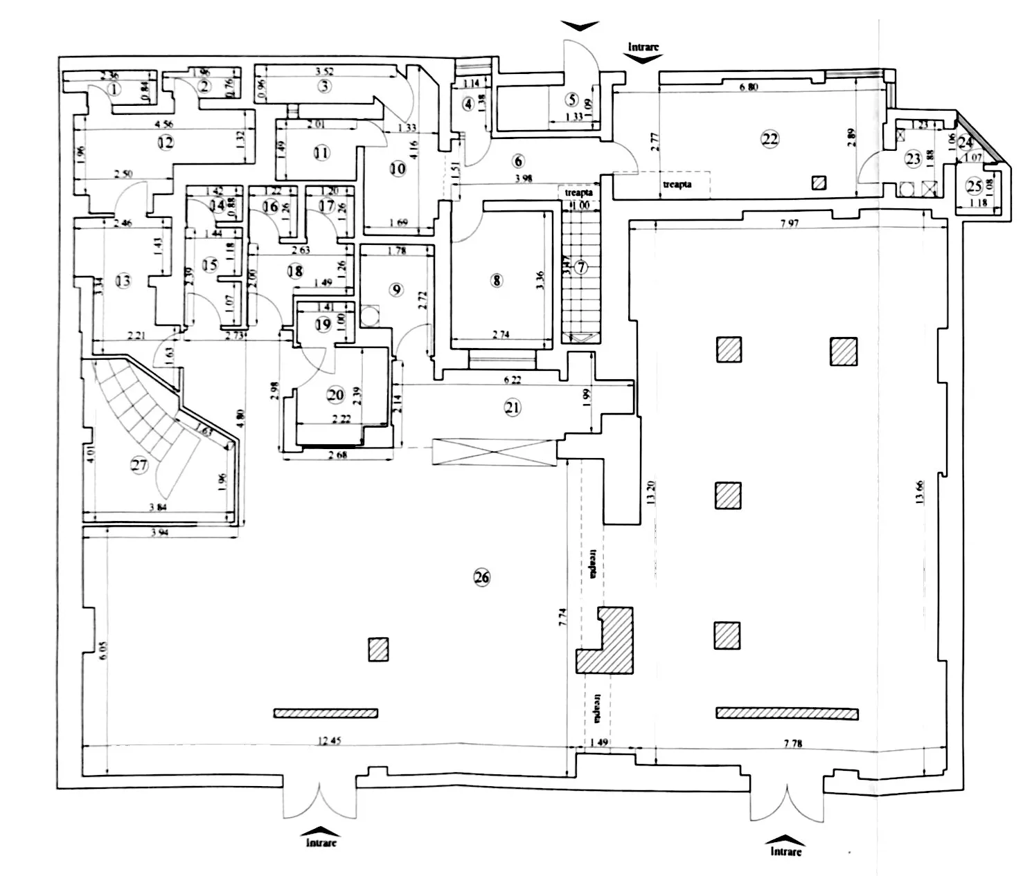 Plan orientativ al parterului, cu împărțirea încăperilor și dimensiunile principale